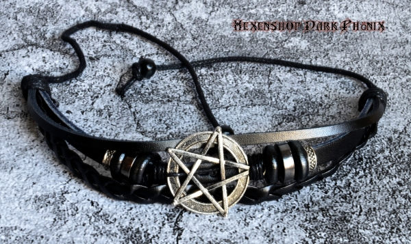 Hexenshop Dark Phönix Lederarmband mit Pentagramm
